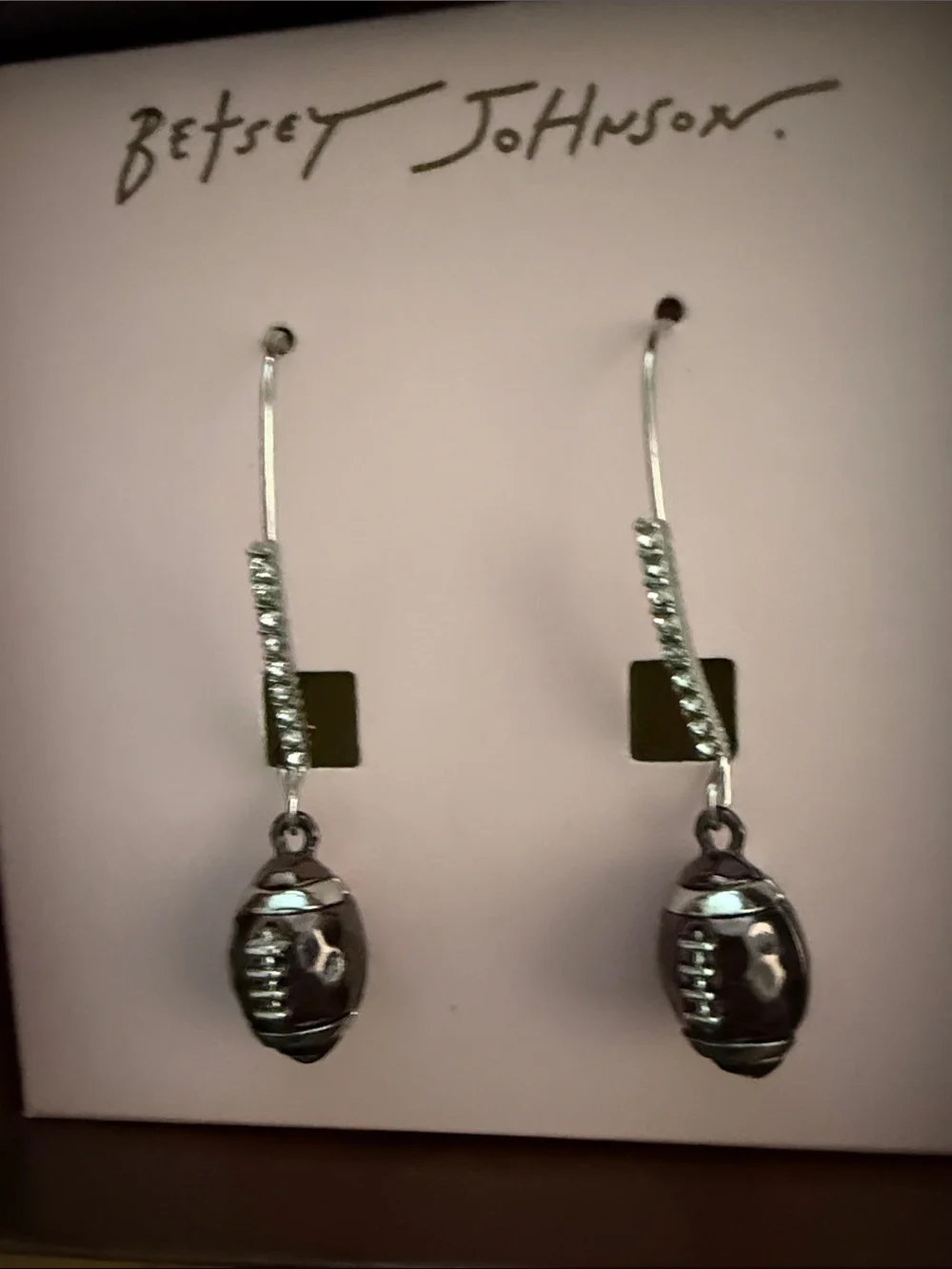 Betsey Johnson Brown Football Drop Earrings with Crystal Hooks